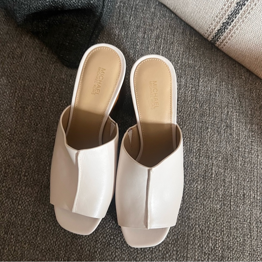 Michael Kors White and Brown Mules with Chunky Heel